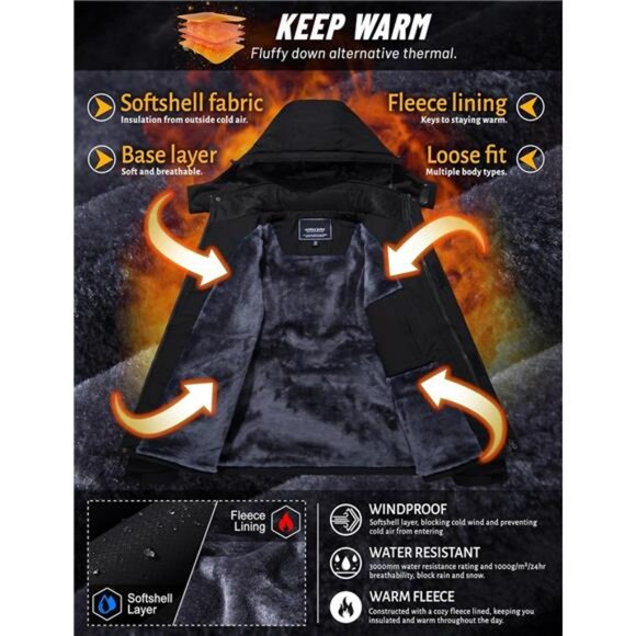 Men's Winter Skiing Jackets Water Resistant Fleece Coats Insulated - Picture 3 of 7